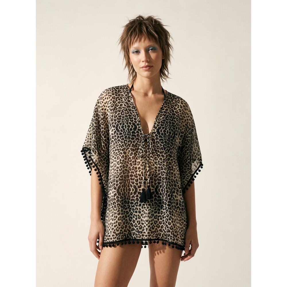 Y2K Clubz Collection Leopard Poncho Sheer Tassel‎ Beach Cover-Up Size M